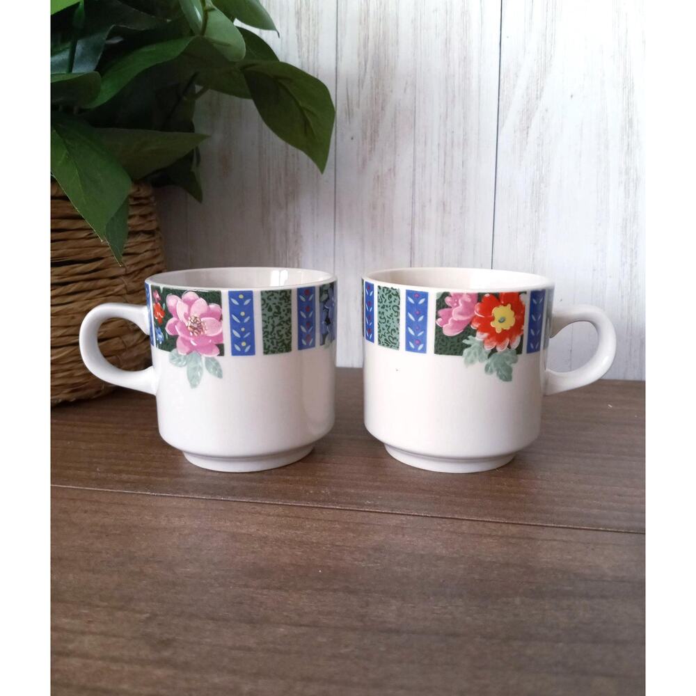 Vintage Set of 2 Gibson Coffee Cups, Striped Floral Mugs